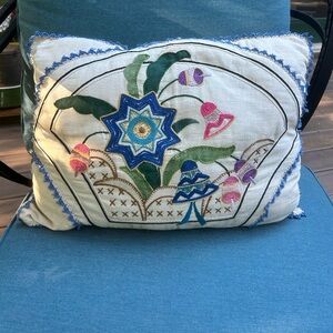 Vintage Embroidered Linen Blue and Cream Throw Pillow